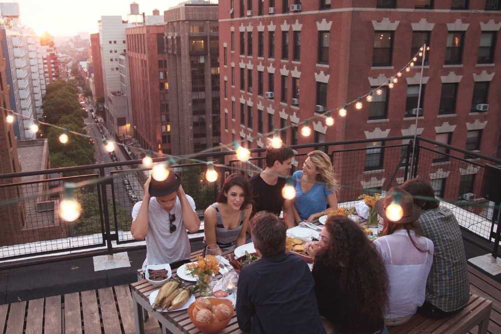 Group eating on rooftop